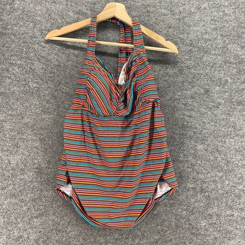 Beach Bump Tankini Top Women 2X Plus Blue Striped Push Up Sleeveless Halter Neck